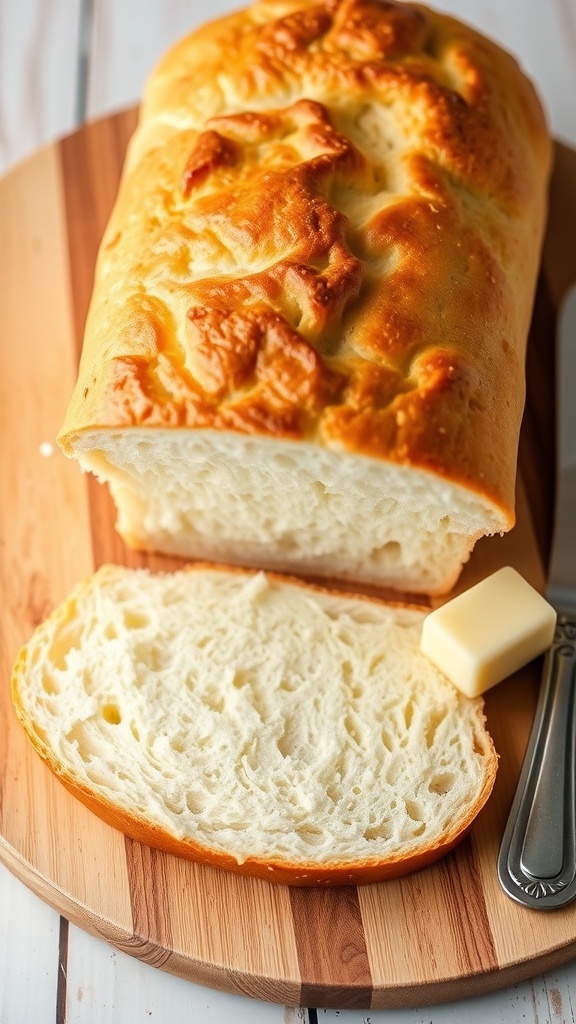 Freshly baked white bread loaf on a cutting board with slices and butter.